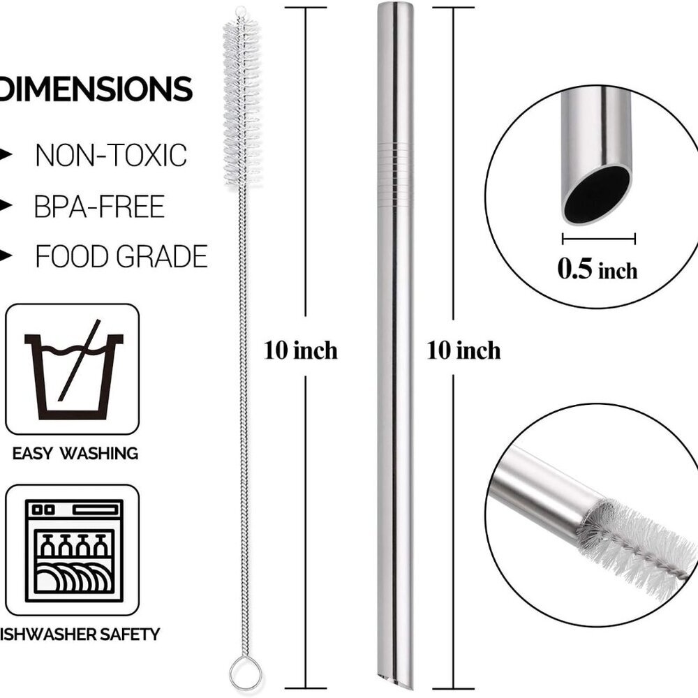 5 Pcs 10" Reusable Bubble Tea & Smoothie Straws, Stainless Steel, Angled Tips, 0 - Picture 2 of 7